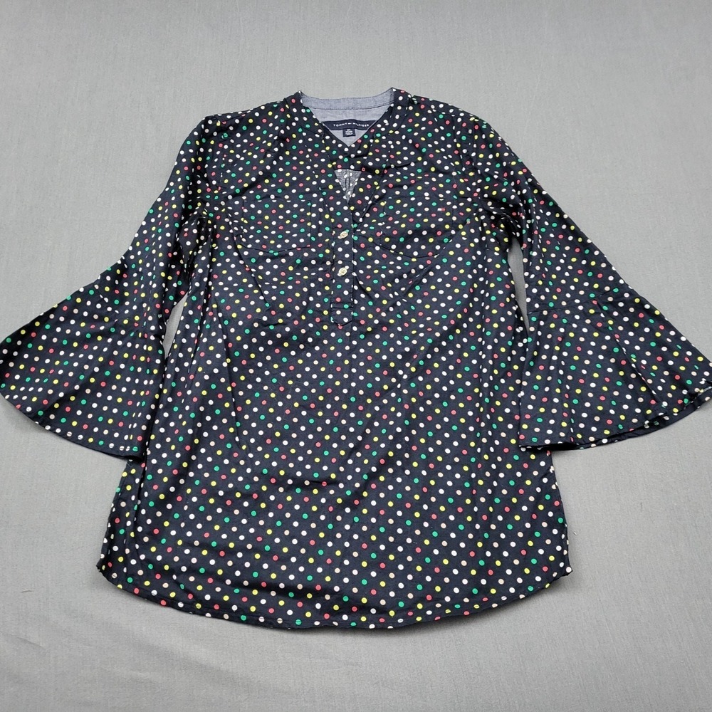 Tommy Hilfiger Womens XS Navy Polka Dot‎ Bell Sleeve Cotton Blouse Top